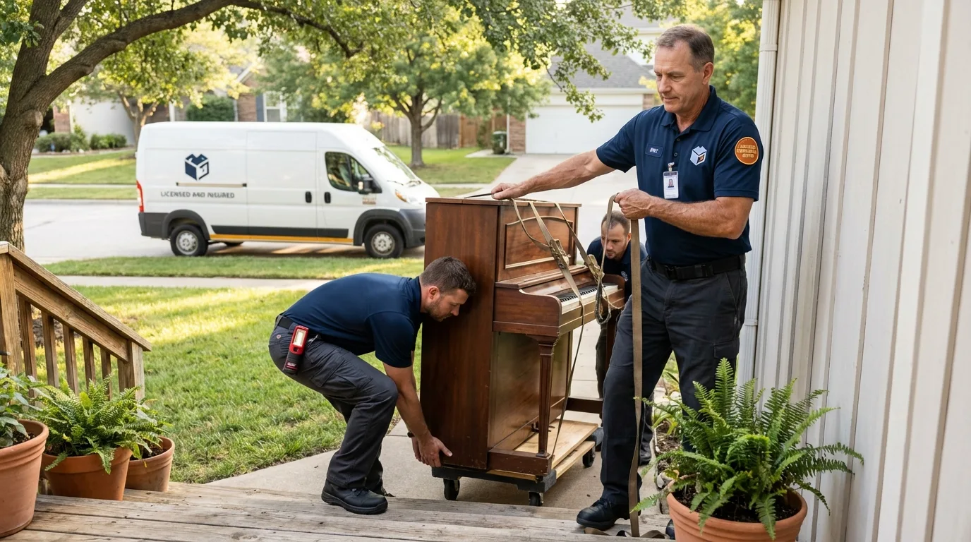 Licensed piano movers securing grand piano in Frankfort, NY