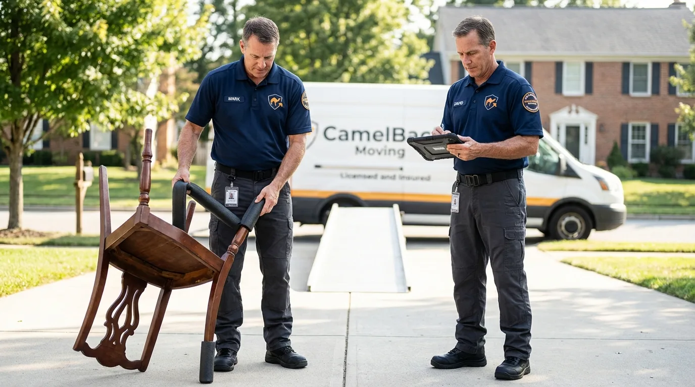 Movers inspecting furniture for damage prevention before loading in Frankfort, NY