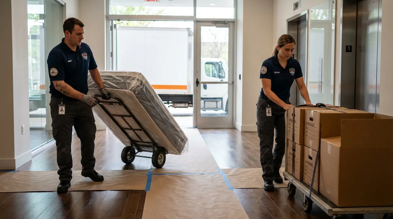 Professional apartment movers loading elevator in Frankfort, NY