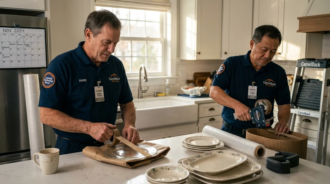 Professional crew packing kitchen dishware in Frankfort, NY